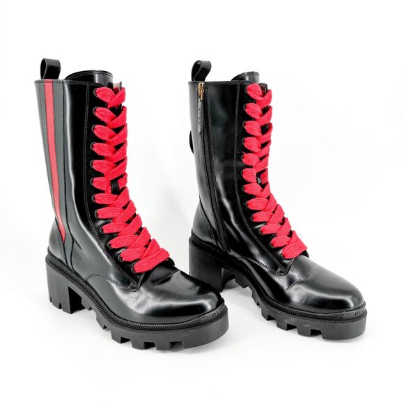 Gucci Shoes - Gucci Magnum Lace Up Combat Boots EU 36.5 US 6.5 Black Web Stripe Block Heel